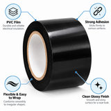 Black PVC insulation tape 2 inch roll with callouts on PVC film, adhesion, flexibility and gloss