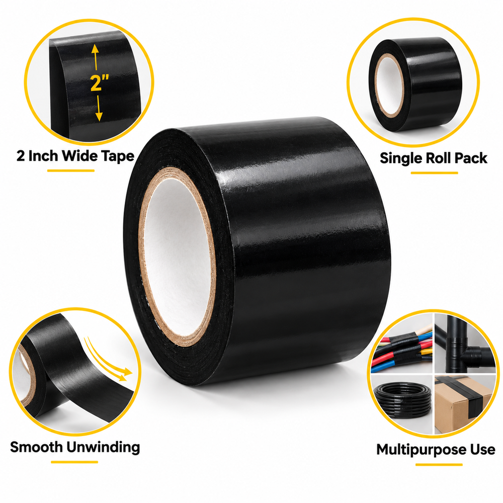 Black PVC insulation tape 2 inch x 20 m with close-ups of width, single roll pack and unwinding