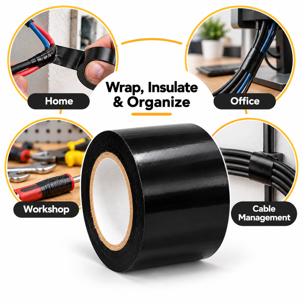 Black PVC insulation tape 2 inch roll with home, office, workshop and cable management uses