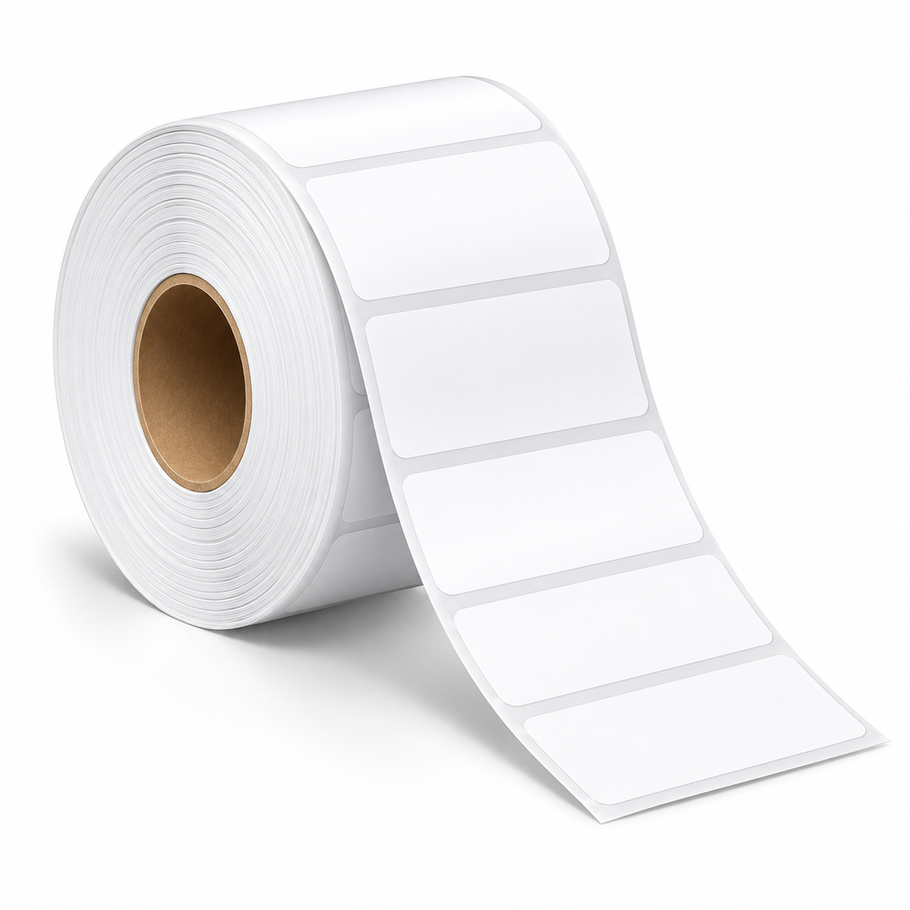 Thermal shipping labels 2 x 1 inch (50 x 25 mm), blank white roll partly unrolled