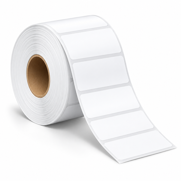 Thermal shipping labels 2 x 1 inch (50 x 25 mm), blank white roll partly unrolled