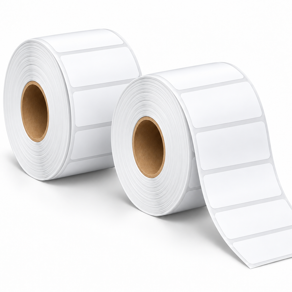 Thermal shipping labels 50 x 25 mm, two blank white label rolls side by side