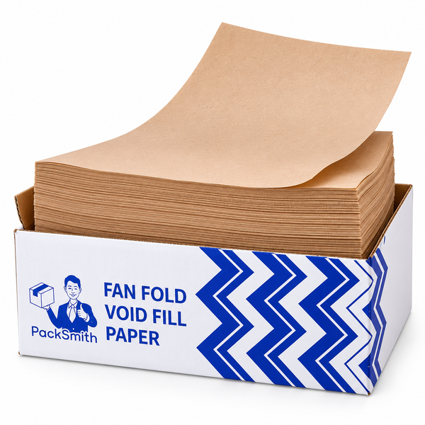 Fan fold void fill paper 380 x 250 mm, PackSmith box with one kraft sheet pulled up