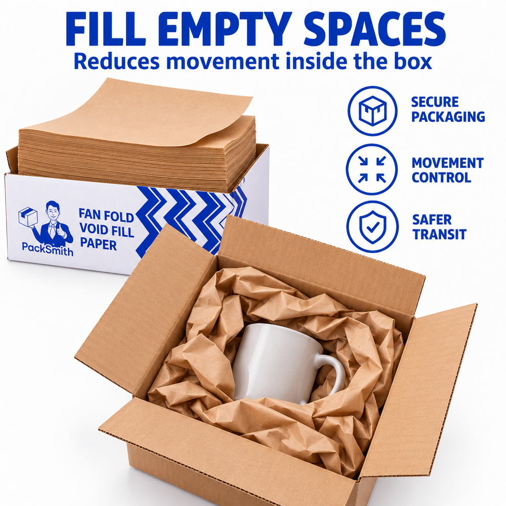 Fan fold void fill paper 380 x 250 mm, box of sheets beside a carton filled around a white mug
