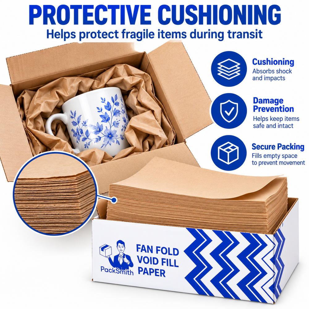 Fan fold void fill paper 380 x 250 mm, crumpled kraft paper cushioning a mug in a carton