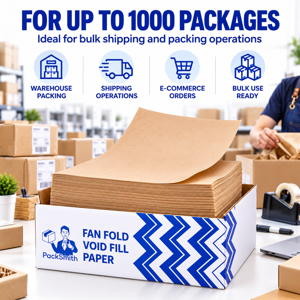 Fan fold void fill paper 380 x 250 mm, open box of sheets on a busy packing station