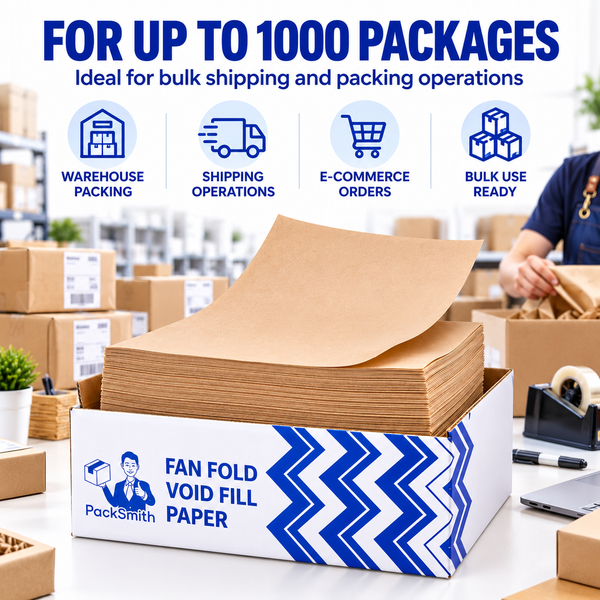 Fan fold void fill paper 380 x 250 mm, open box of sheets on a busy packing station