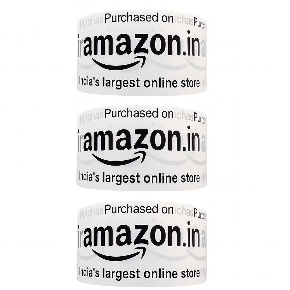 Printed packaging tape for Amazon sellers, three white 2 inch rolls showing the black print up close