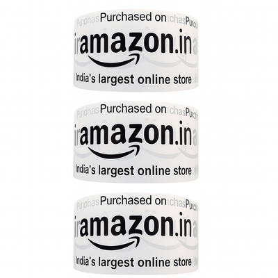 Printed packaging tape for Amazon sellers, three white 2 inch rolls showing the black print up close