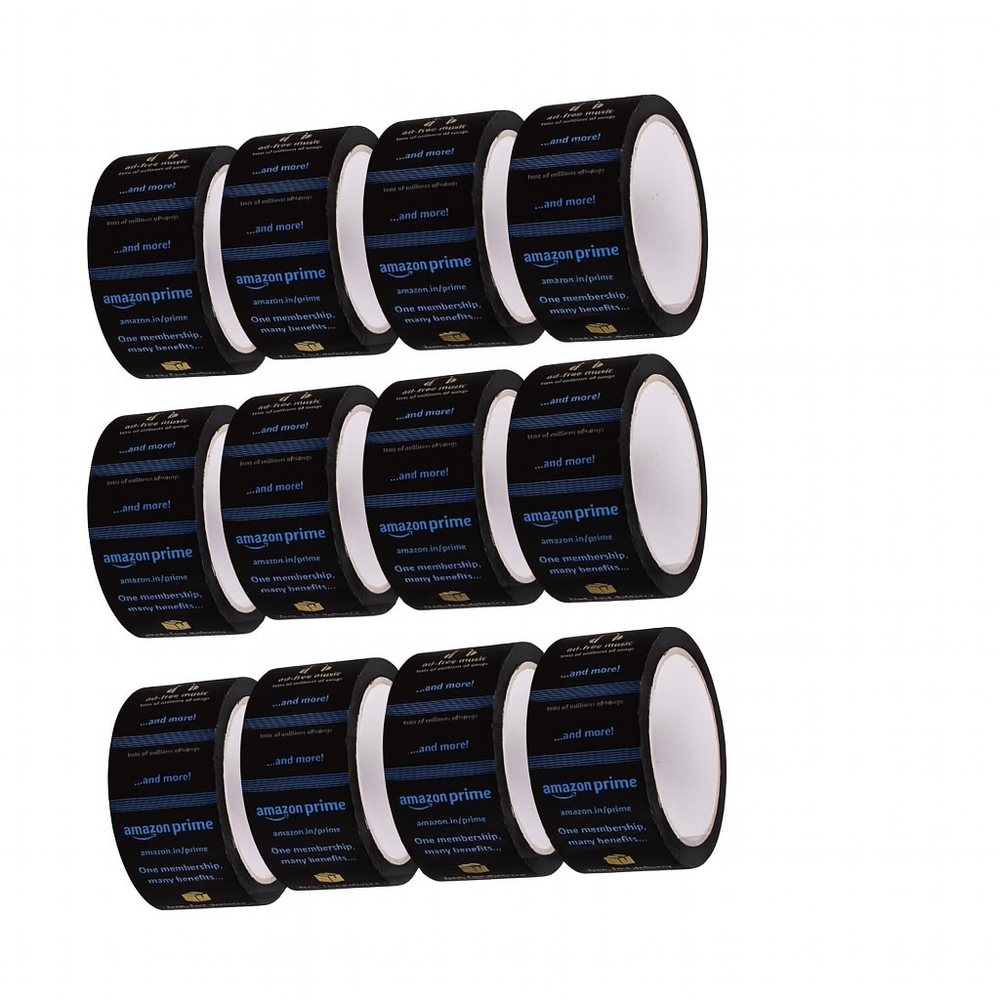 Printed packaging tape for Amazon sellers, 12 black rolls with blue print arranged in three rows