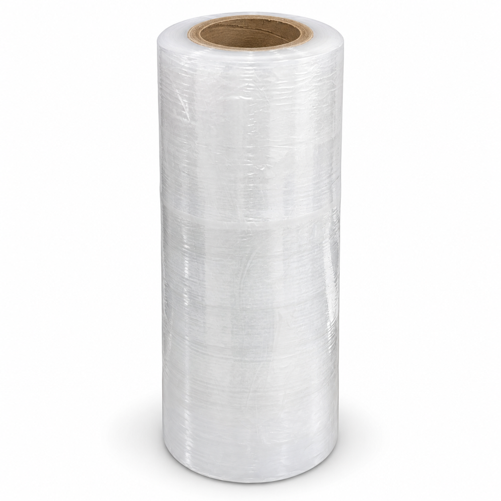 Stretch film roll 300 mm x 500 m, 30 micron clear film on a brown cardboard core, standing upright