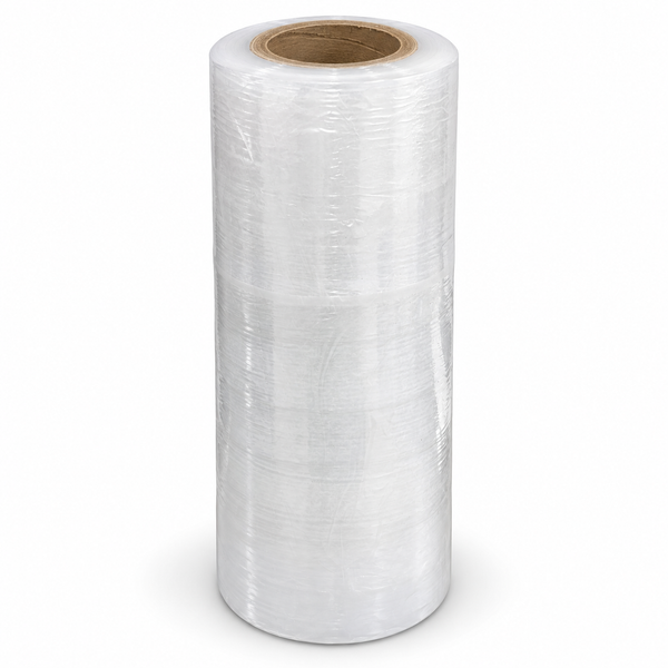 Stretch film roll 300 mm x 500 m, 30 micron clear film on a brown cardboard core, standing upright