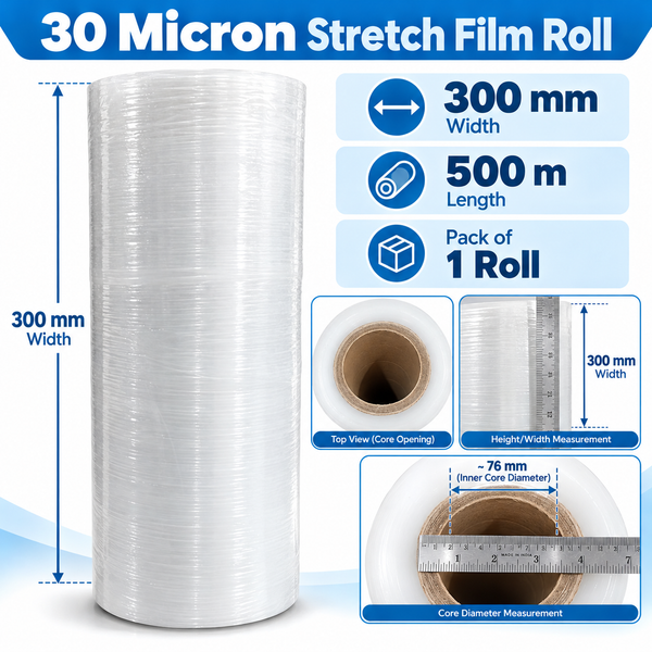 Stretch film roll 300 mm x 500 m size chart: 30 micron, pack of 1 roll, about 76 mm core measured with a ruler