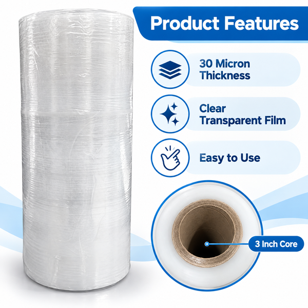 Clear 30 micron stretch film roll with feature panel: transparent film, easy to use, 3 inch cardboard core