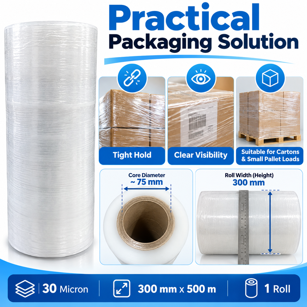 Stretch film 300 mm x 500 m wrapping cartons and a small pallet load, with core and roll width measurements