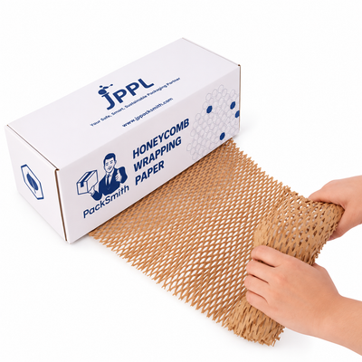 Brown kraft honeycomb paper roll 390 mm x 100 m pulled open from a white PackSmith dispenser box
