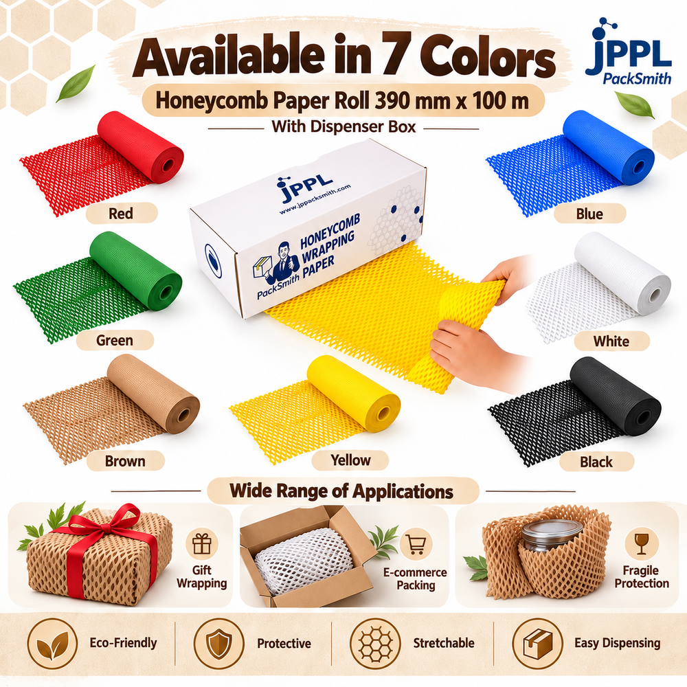 Honeycomb paper roll 390 mm x 100 m in 7 colours with dispenser box, used for gift wrap, e-commerce and fragile items