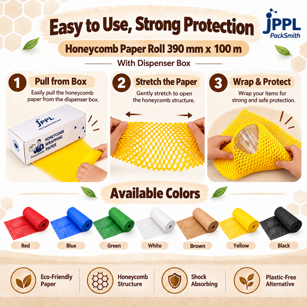 How to use honeycomb paper roll 390 mm x 100 m: pull from dispenser box, stretch, wrap a glass; 7 colours shown