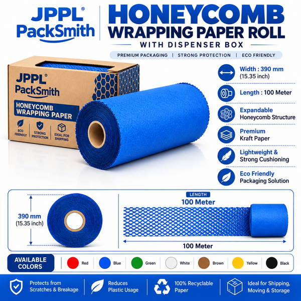 Blue honeycomb wrapping paper roll 390 mm (15.35 inch) x 100 m with dispenser box and size diagram