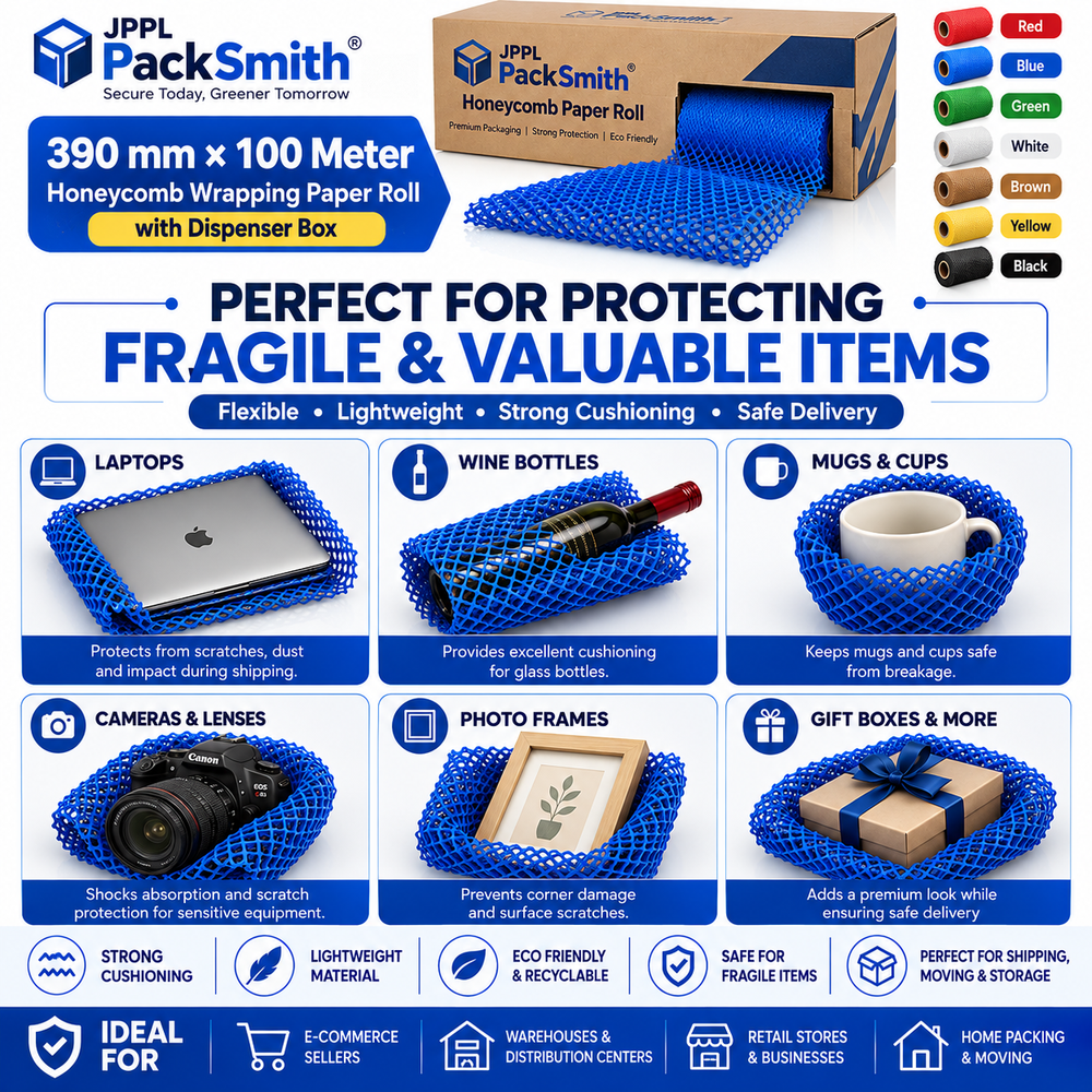 Blue honeycomb paper roll 390 mm x 100 m wrapping a laptop, wine bottle, mug, camera, photo frame and gift box