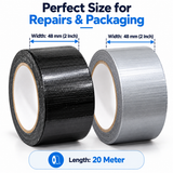 Duct tape 2 inch x 20 m size guide: black and grey rolls marked 48 mm wide and 20 m long