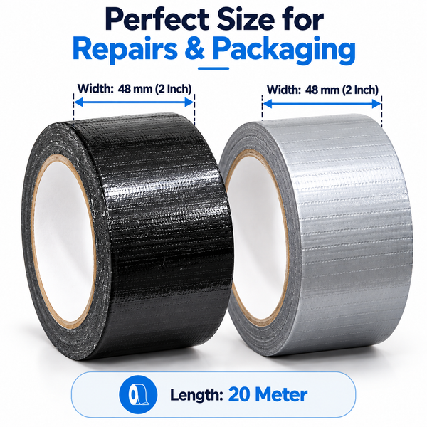 Duct tape 2 inch x 20 m size guide: black and grey rolls marked 48 mm wide and 20 m long