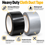 Duct tape 2 inch x 20 m, black and grey cloth rolls with a features list for repair jobs