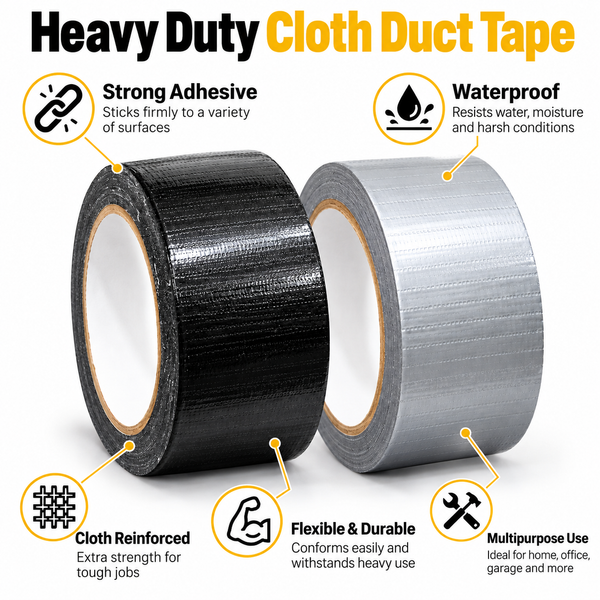 Duct tape 2 inch x 20 m, black and grey cloth rolls with a features list for repair jobs
