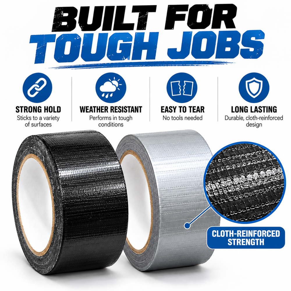 Duct tape 2 inch x 20 m, black and grey rolls with a close-up of the cloth reinforcement