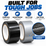 Duct tape 2 inch x 20 m, black and grey rolls with a close-up of the cloth reinforcement