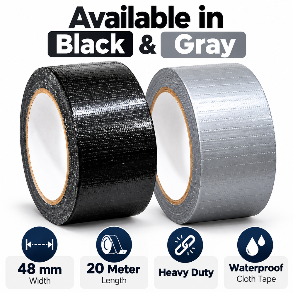 Duct tape 2 inch x 20 m in black and grey, with width, length and heavy duty icons
