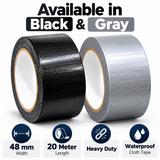 Duct tape 2 inch x 20 m in black and grey, with width, length and heavy duty icons