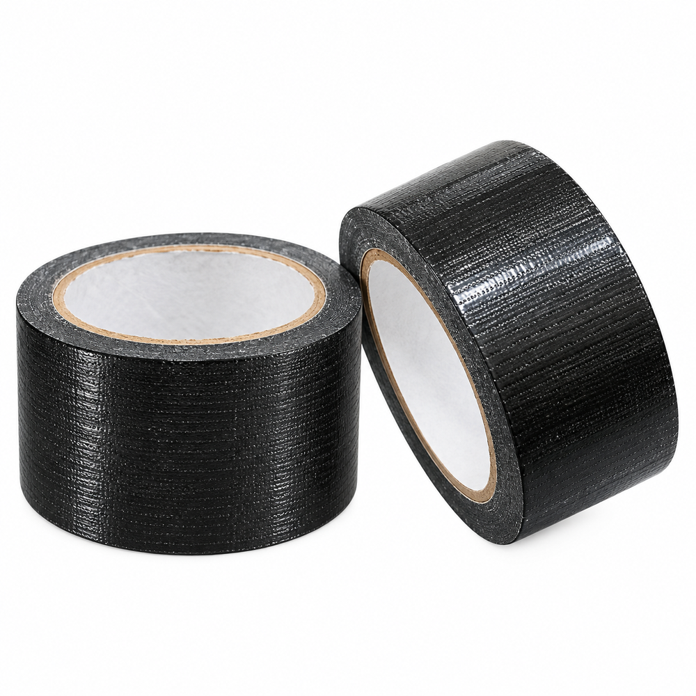 Duct tape 2 inch x 20 m, two black cloth duct tape rolls, one lying and one standing