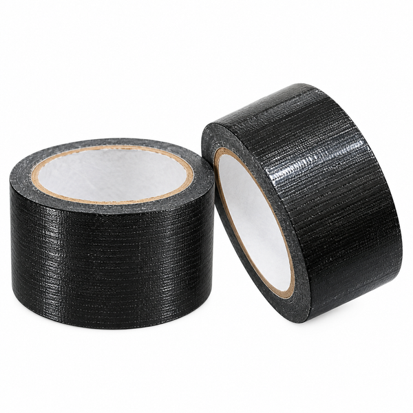 Duct tape 2 inch x 20 m, two black cloth duct tape rolls, one lying and one standing