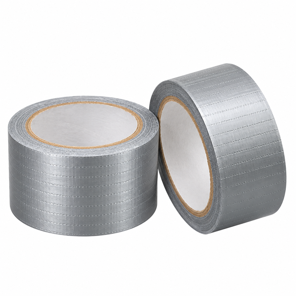 Duct tape 2 inch x 20 m, two grey cloth duct tape rolls, one lying and one standing