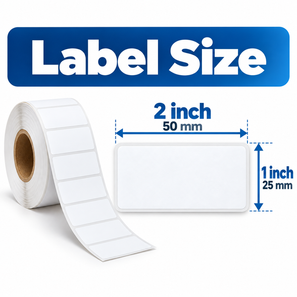 Thermal shipping labels 2 x 1 inch, label size diagram marking 50 mm width and 25 mm height