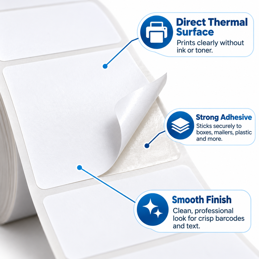 Thermal shipping labels 50 x 25 mm, close-up of a label peeling off the liner with features noted
