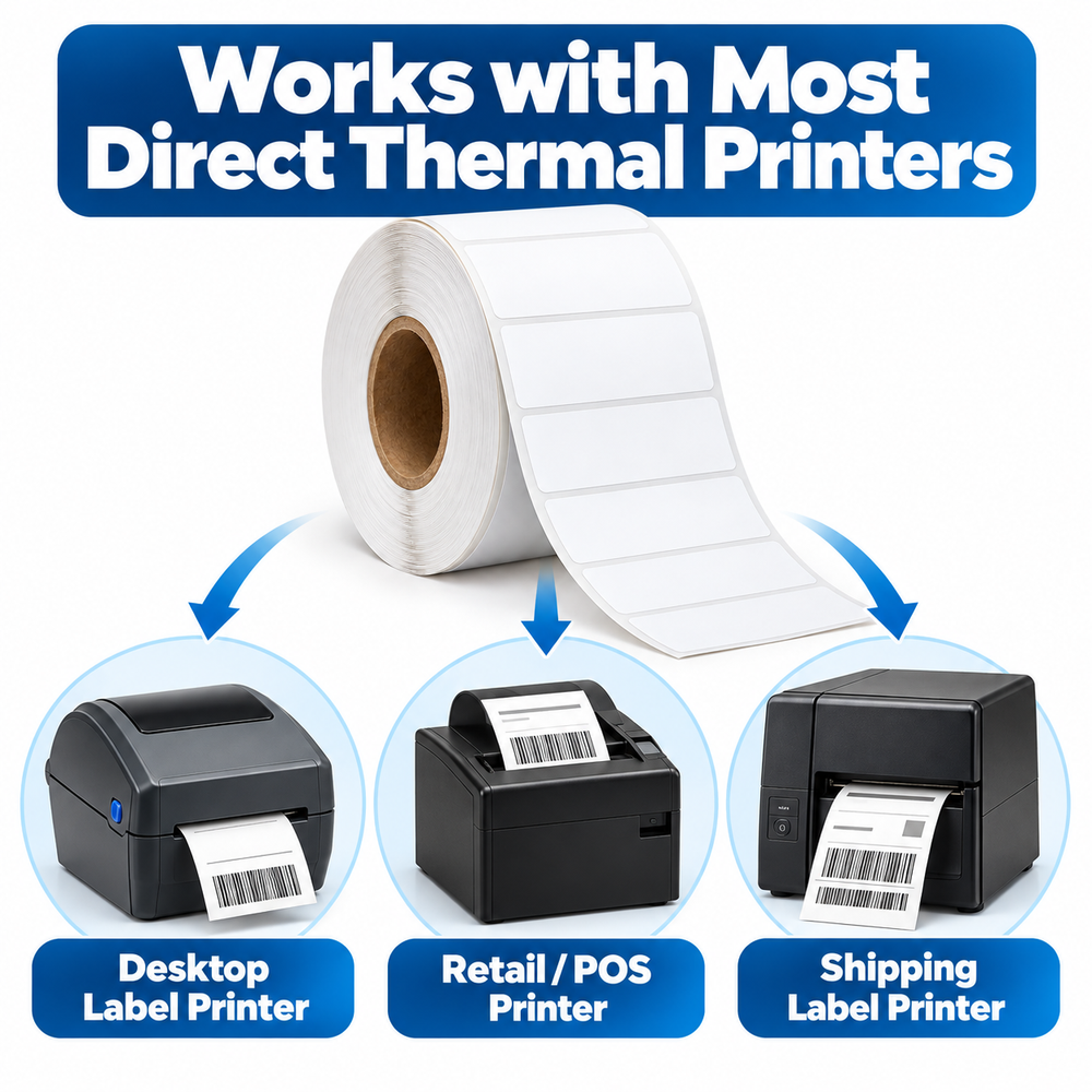 Thermal shipping labels 50 x 25 mm, roll shown with desktop, POS and shipping label printers
