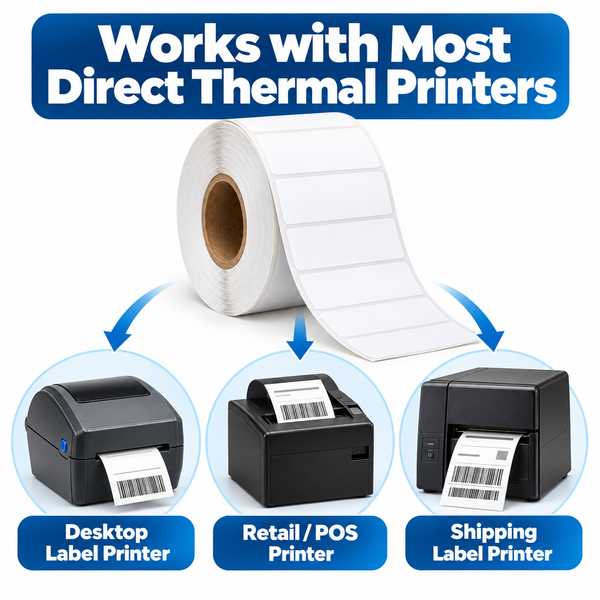 Thermal shipping labels 50 x 25 mm, roll shown with desktop, POS and shipping label printers