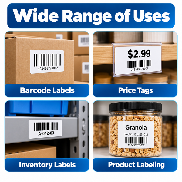 Thermal shipping labels 2 x 1 inch, uses shown as barcode, price tag, shelf and jar labels
