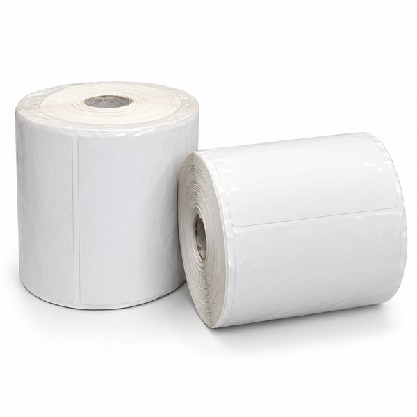 Thermal shipping labels 4 x 6 inch, two white direct thermal label rolls side by side