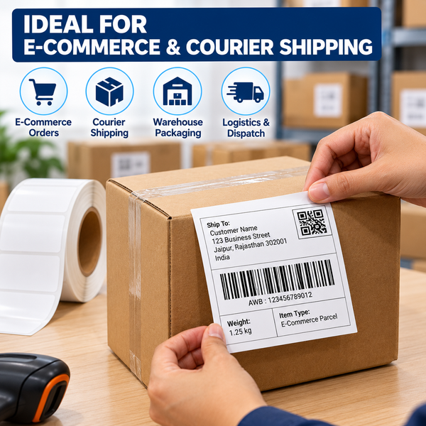 Thermal shipping labels 4 x 6 inch, printed address label being stuck on a courier carton
