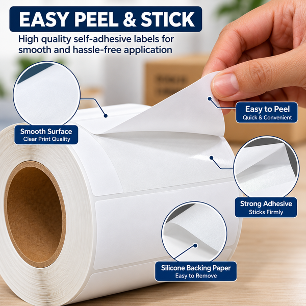 Thermal shipping labels 4 x 6 inch, a label being peeled off the roll with backing paper callouts