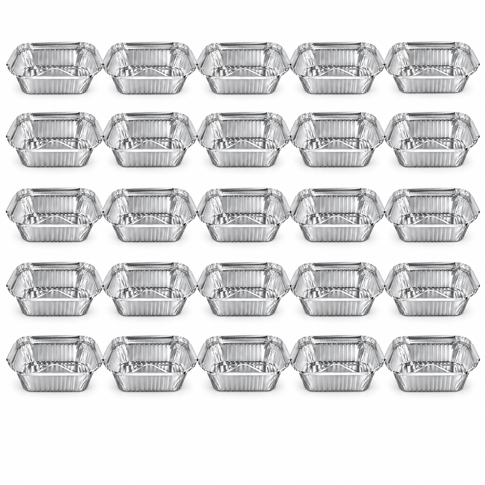 Pack of 25 aluminium foil containers arranged in a 5 x 5 grid, small rectangular silver trays