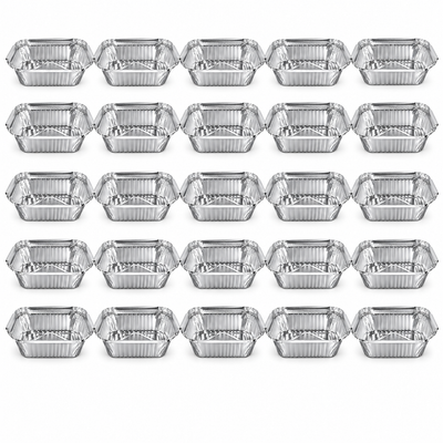 Pack of 25 aluminium foil containers arranged in a 5 x 5 grid, small rectangular silver trays