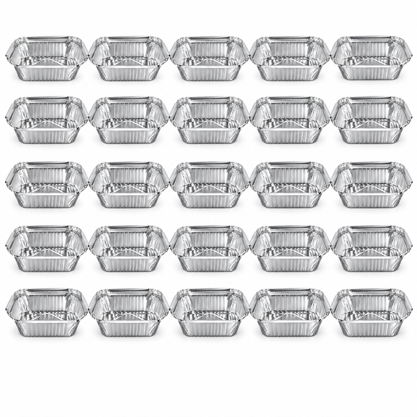 Pack of 25 aluminium foil containers arranged in a 5 x 5 grid, small rectangular silver trays