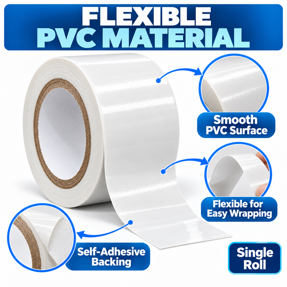 White PVC insulation tape 2 inch x 20 m, feature guide showing the smooth face and adhesive backing