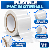 White PVC insulation tape 2 inch x 20 m, feature guide showing the smooth face and adhesive backing