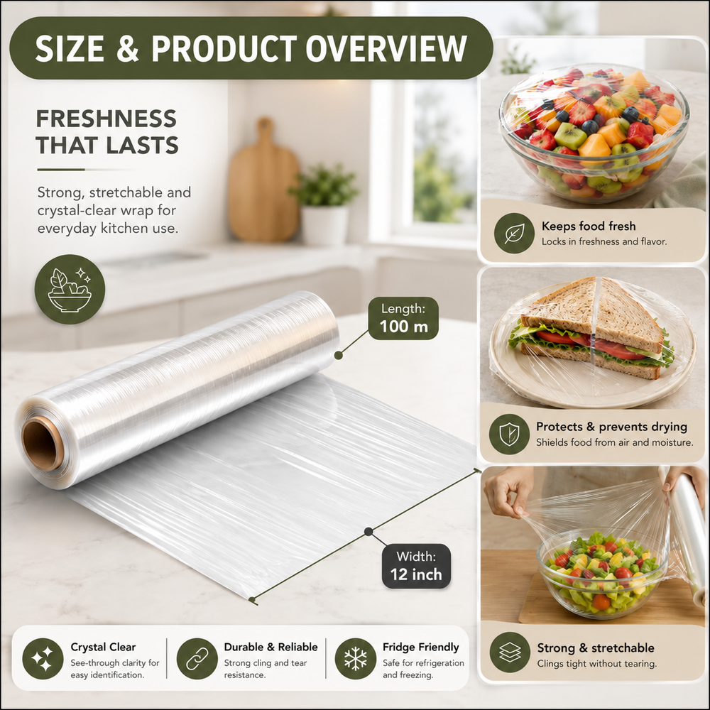 Cling film roll 12 inch x 100 m unrolled on a kitchen counter, shown covering a fruit bowl, sandwich and salad