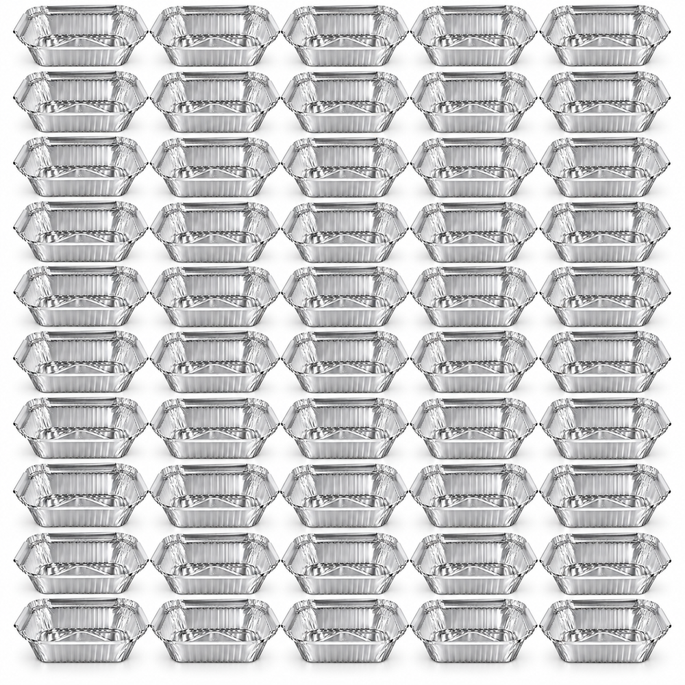 50 aluminium foil containers in a 5 x 10 grid, shallow rectangular silver food trays with ribbed sides